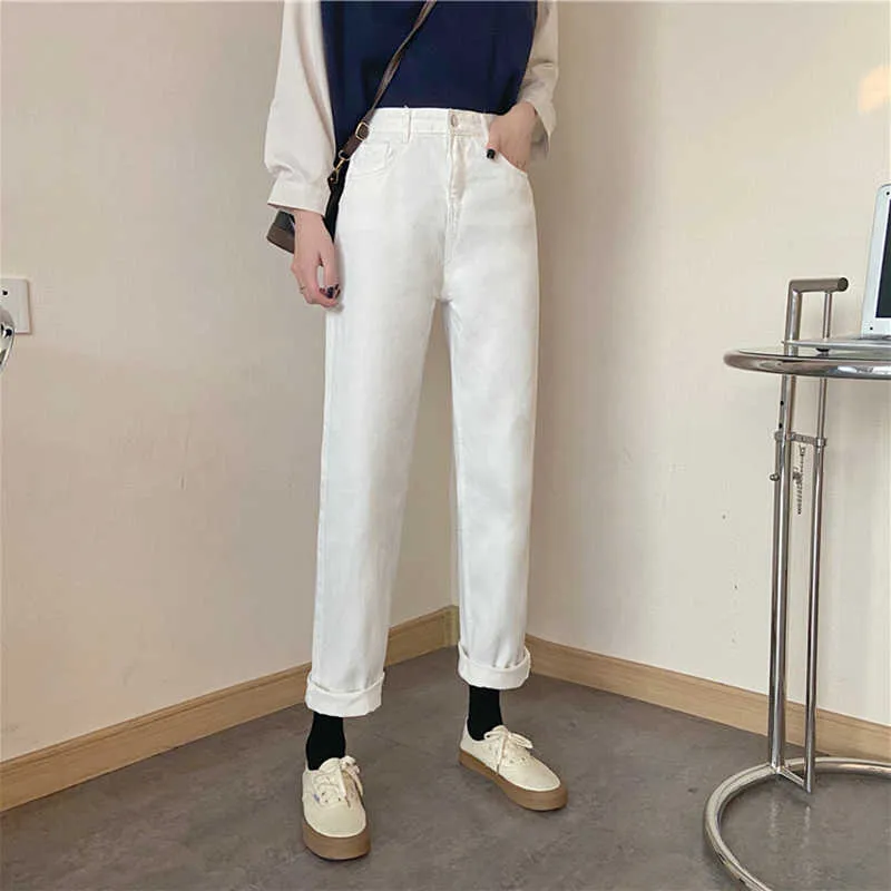 Aelegantmis Hohe Taille Breite Bein Jeans Frauen Vintage Lose Weiße Denim Hosen Casual Schwarz Gerade Hosen Streetwear Korea Chic 210607