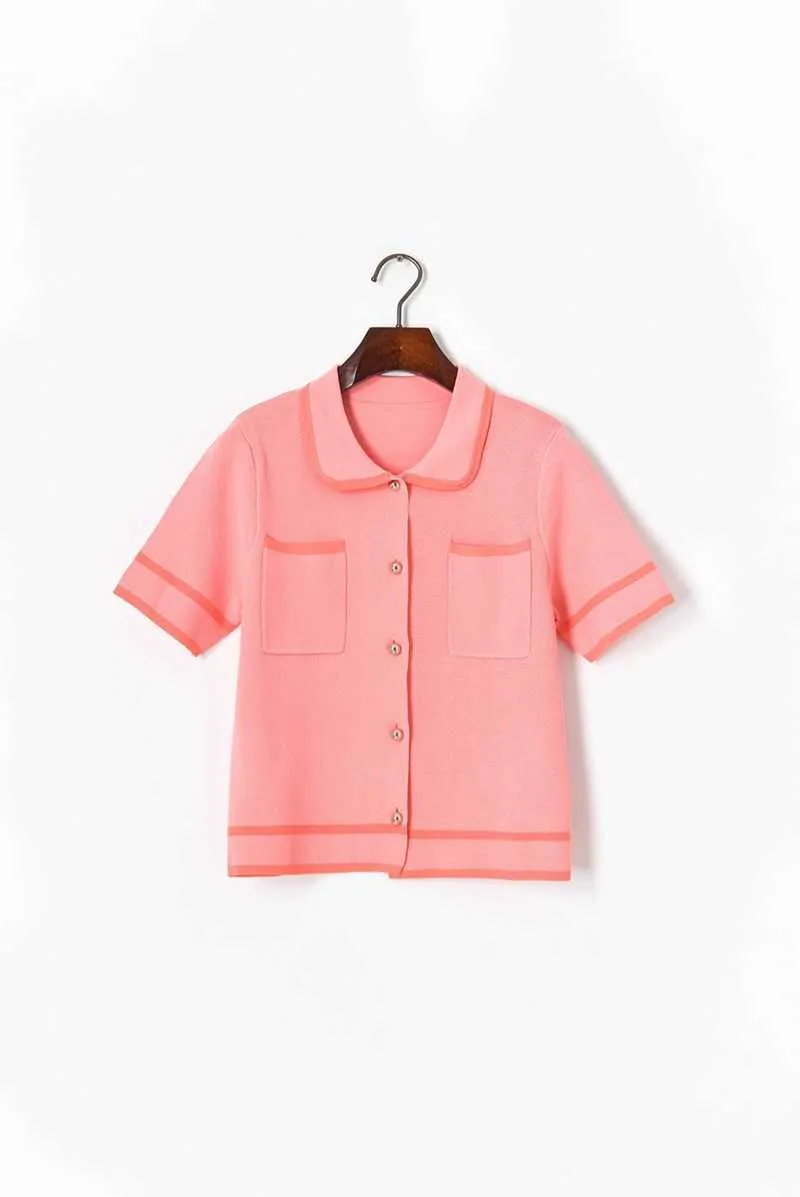 Dulce Vintage rosa solapa contraste manga corta camisas de punto Tops muñeca Mini faldas de un solo pecho negro conjuntos a juego verano 210610