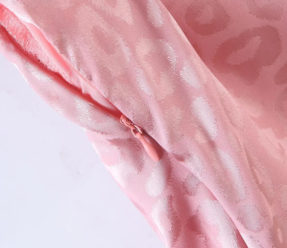 Ретро женщины жаккардовые леопардовые розовые атласные мини платье сексуальный эластичный короткий фонарь рукав крест-шнуровка спинки спинки платья для вечеринки 210429