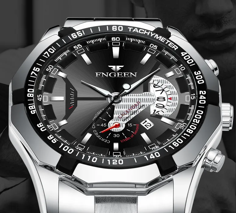 Fngeen Brand White Steel Quartz Mens Watches Crystal Glass Watch Date 44mm Diameter Personlighet Gentlemanly Wristwatches319f