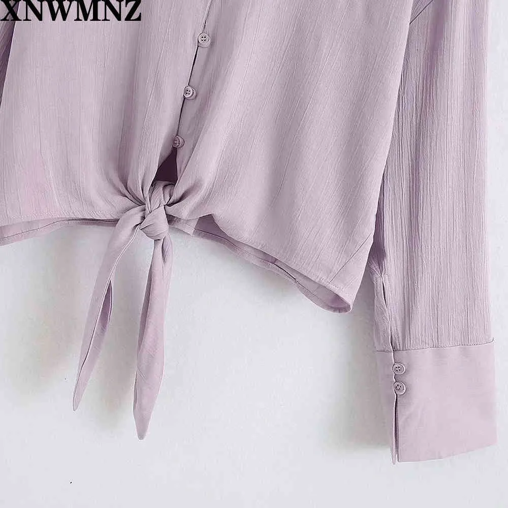 Za Flowing shirt with tie lilac Johnny collar cropped shirt with long cuffed sleeves Front knot detail at the hem Button-up 210510