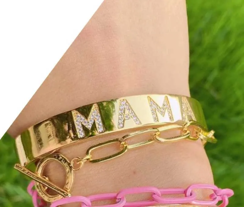 3 stks, topkwaliteit Inital Letter Name Mama Bangle Bar Armbanden Simple Open Manchet Bangle Sieraden Gift voor Moederdag Moeder Moeder Q0720