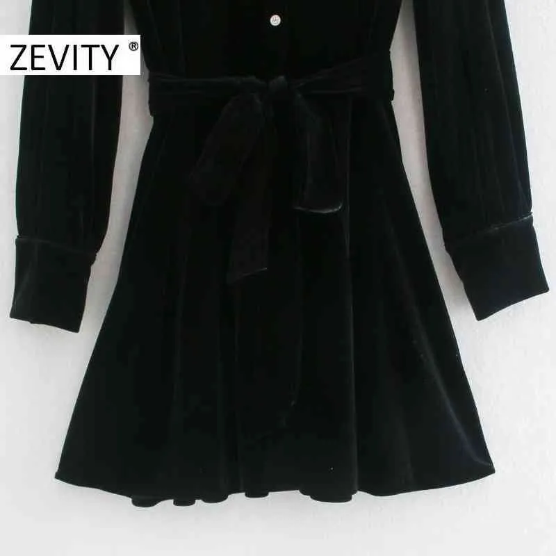 Autumn Women Vintage Stand Collar Black Velvet Shirt Dress Ladies Chic Long Sleeve Bow Tied Sashes A line Vestido DS4568 210420