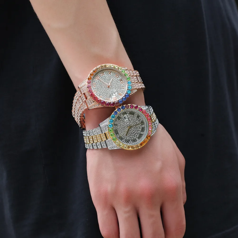 Haute qualité Hip Hop montre colorée 316L boîtier en acier inoxydable couverture plein diamant bracelet en cristal montres montres à quartz Rapper3187