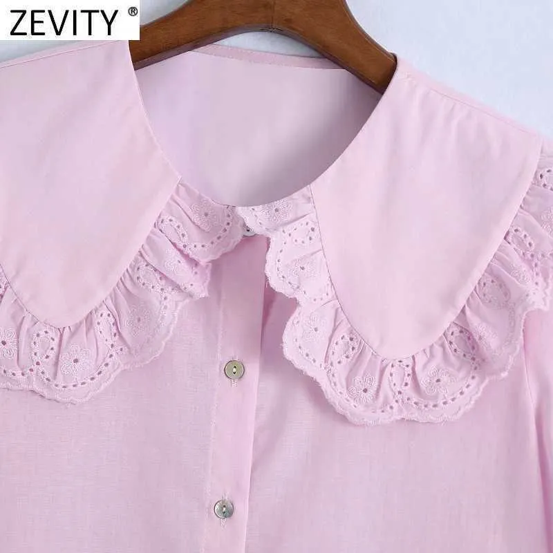 Zevity Women Sweet hollowアウト刺繍フリルピンクシャツ女性パフスリーブバックプリーツブラウスRoupasシッククロップトップLS9403 210603