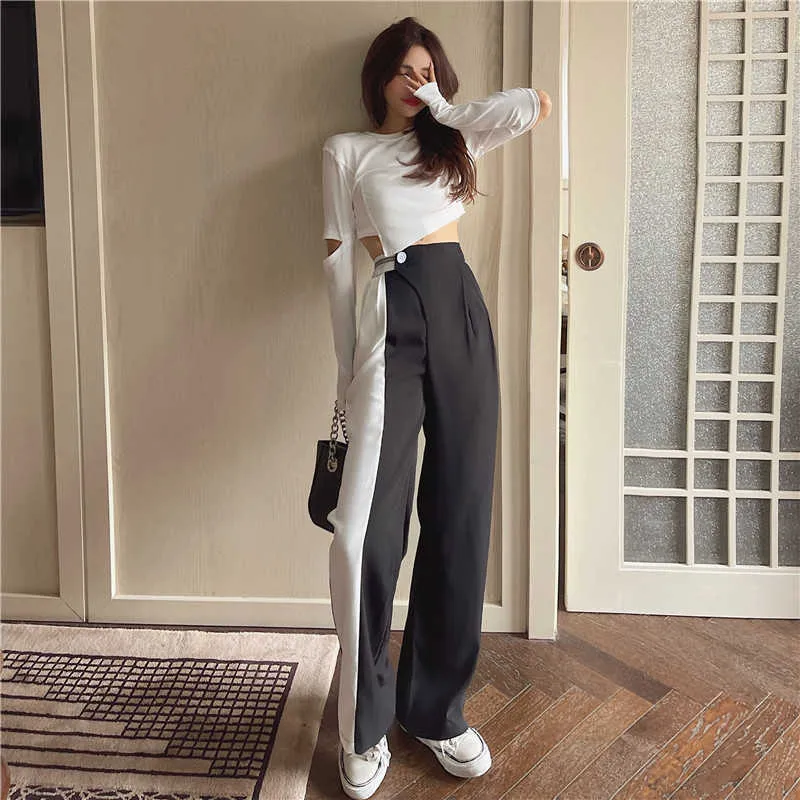 Women's pants black thin traf long high waist loose straight harajuku Women's pants fashion white casual y2k pants for women Q0801