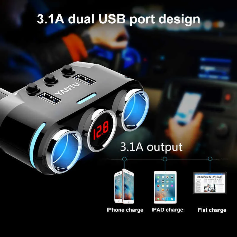 YANTU 2 porte USB 2 vie prese auto adattatore accendisigari splitter accendisigari 5V 3.1A potenza in uscita con display tensione auto