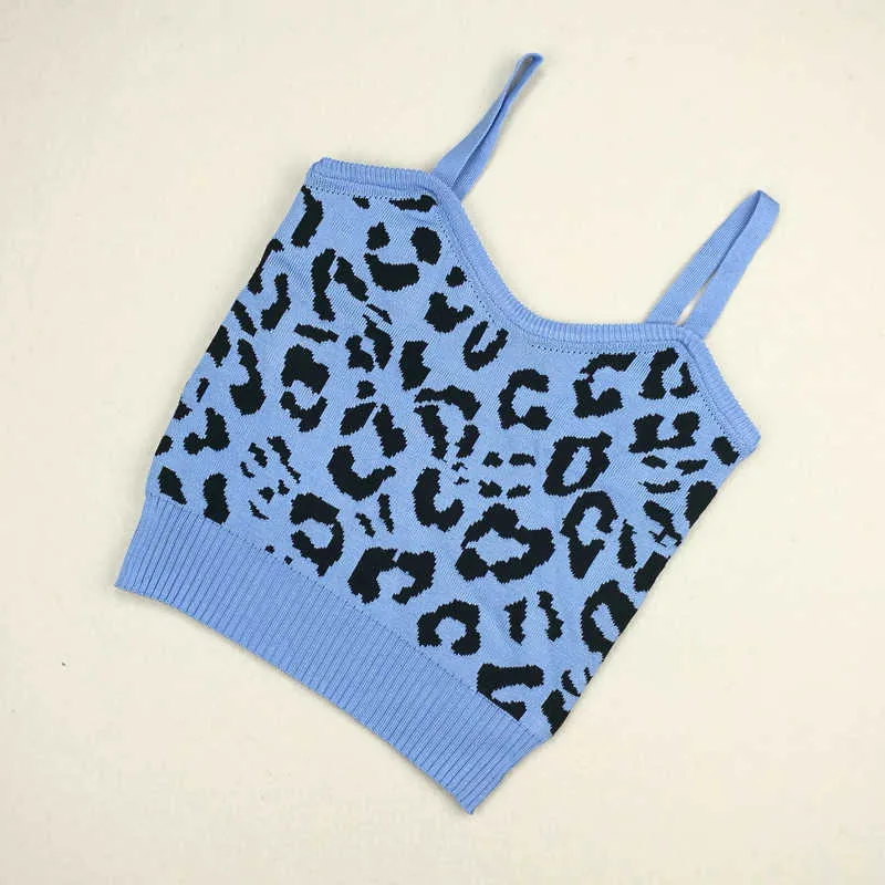 Мода Leopard Print Crop Top Sexy Slim без рукавов V-образным вырезом на улице Лето Женщины Топы W100 210526