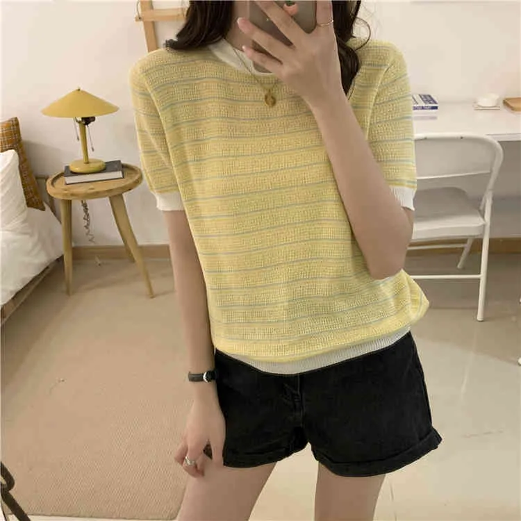 Koreanische gestrickte Frauen T-Shirt Sommer Kurzarm O-Ausschnitt gestreifte Tops Casual Mode Basic Damen T-Shirt T-Shirts Femme 210513