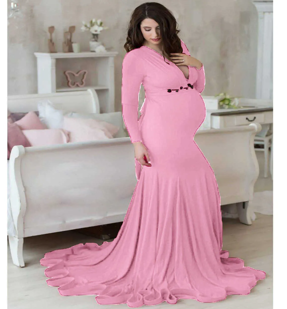 Sukienka fotograficzna Merceryzowana bawełniana w ciąży damska podłogę w szyku V-dół, przeciągając długie rękawy 1185