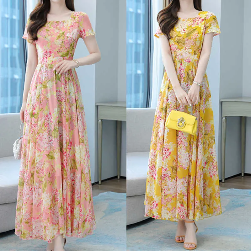 Koreańska Moda Kobiety Sukienka Żółta Krótki Rękaw Zipper Es Kobieta Naturalny Wasit Długie Kwadratowa szyja Kwiatowa ES 210604