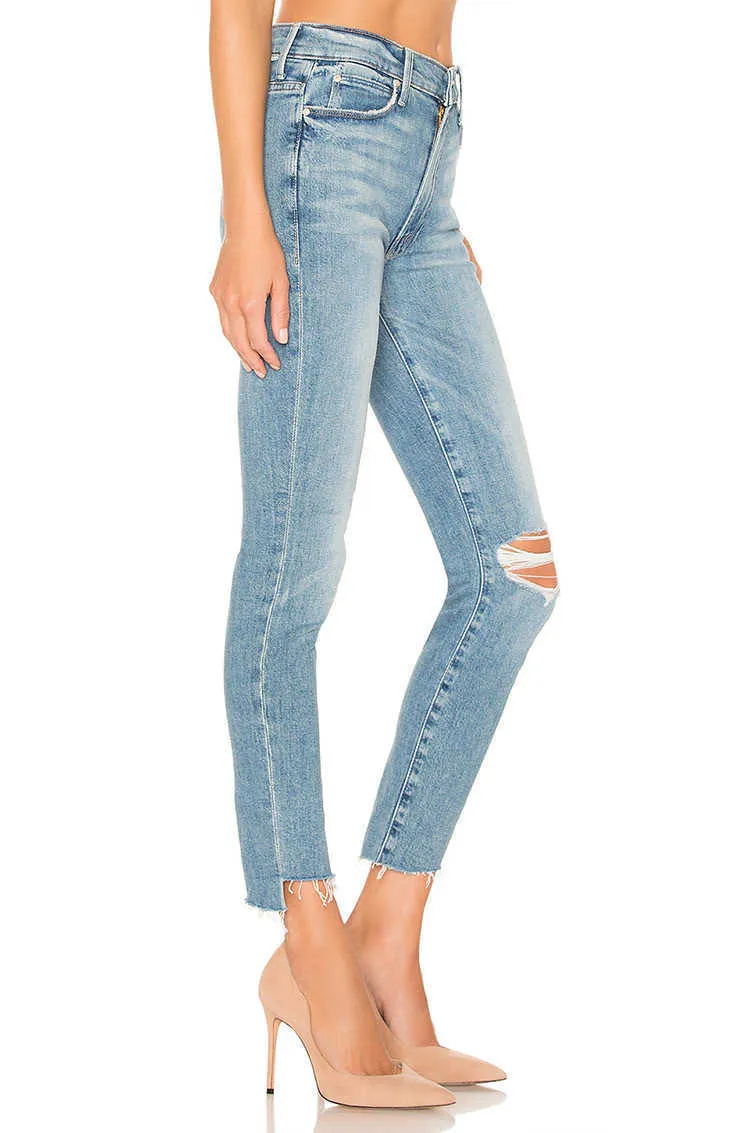 Kvinnors jeans stjärna samma mo hög midja smal liten rak rör elastisk stege grovt hål nio poäng jeans kvinnor