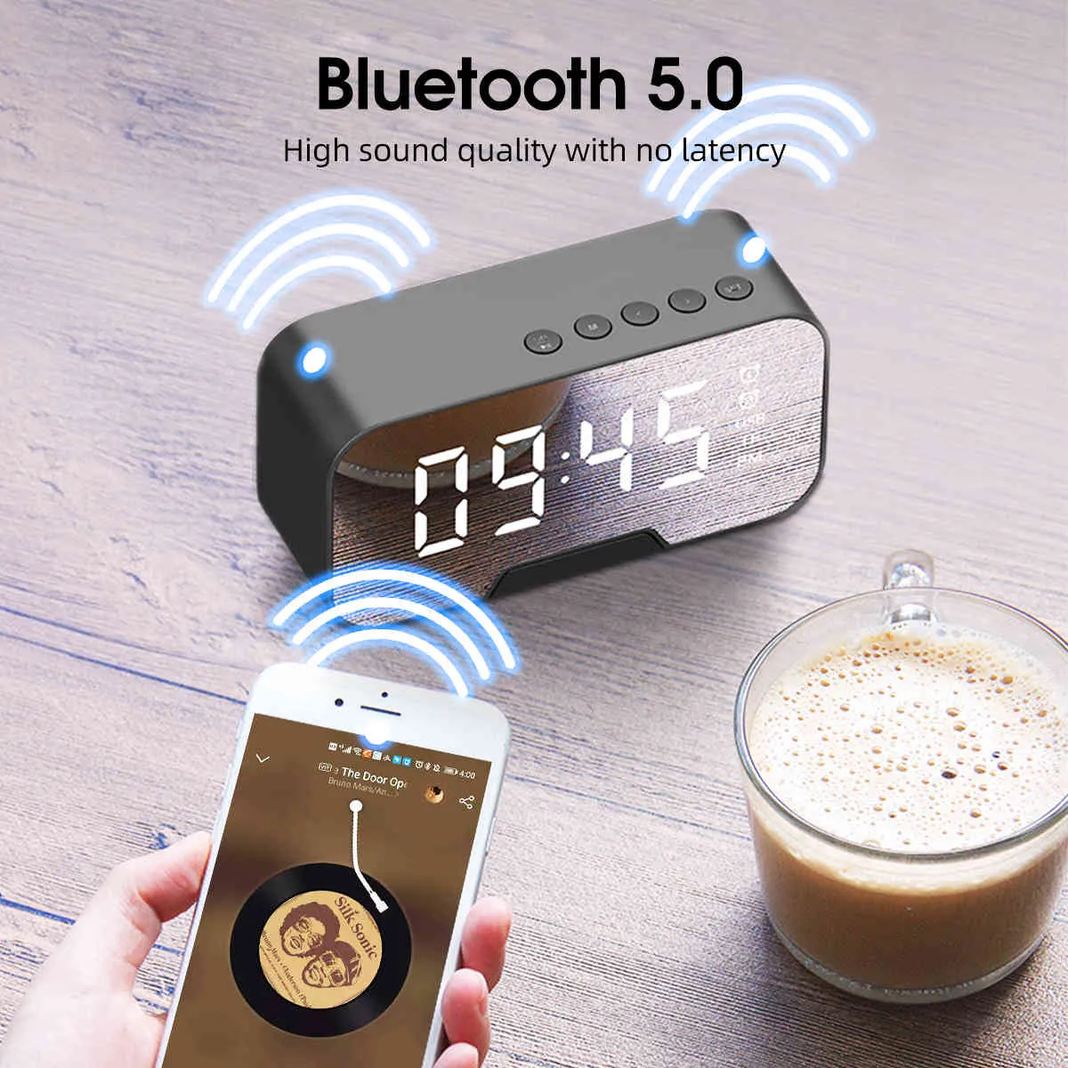 FONKEN Altoparlante Bluetooth senza fili Ora Alram Orologio Temperatura Scheda TF Musica portatile Ricevitore radio Fm Telefono computer