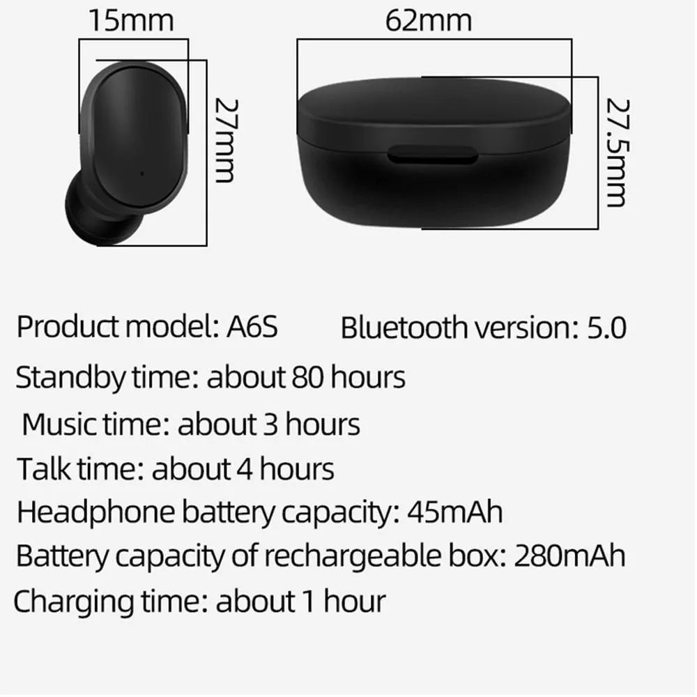 TOP A6S TWS Wireless Bluetooth Headset Earphones Pk Xiaomi Redmi Airdots Buller Corting Earuds Blutooth för all smarttelefon