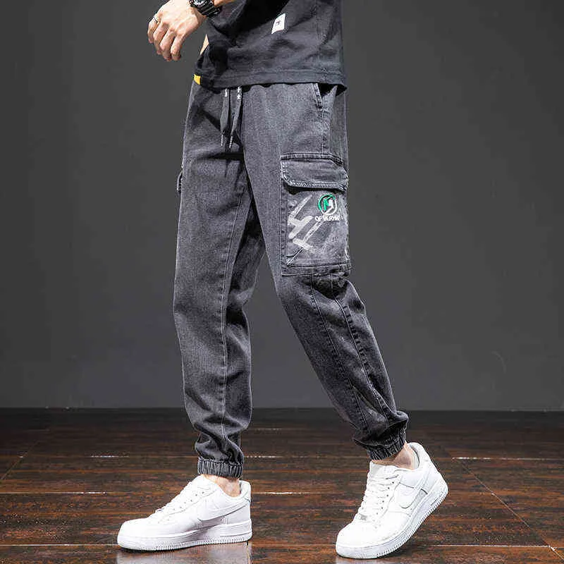 Wiosna Lato Czarne Niebieskie Dżinsy Mężczyźni Streetwear Multi-kieszenie Spodnie Cargo Joggers Spodnie Jean Plus Size 6XL 7XL 8XL 211111