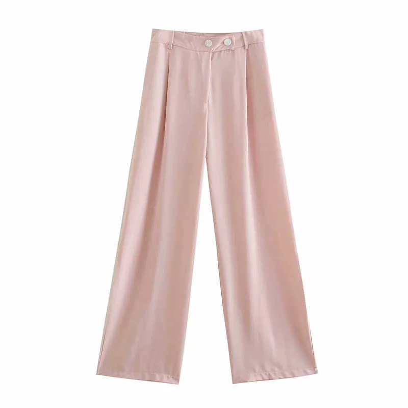 ZA Pink High Waist Wide Legs Pants Women Front Pleats Wrap Summer Trouser Fashion Pockets Elegant Woman Loose Pants 210602