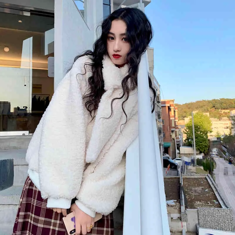 2 kolory jesień zima koreański styl kobiety bluzy jagnięce futro z długim rękawem gruby ciepły bluza damska pulower C2131 210423