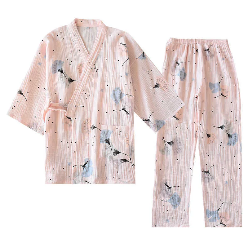 Spring and Summer Pure Cotton Yarn Kimono Pajamas V-Neck Printing Plus Size Pijama Mujer Loungewear Women Sleepwear 210809