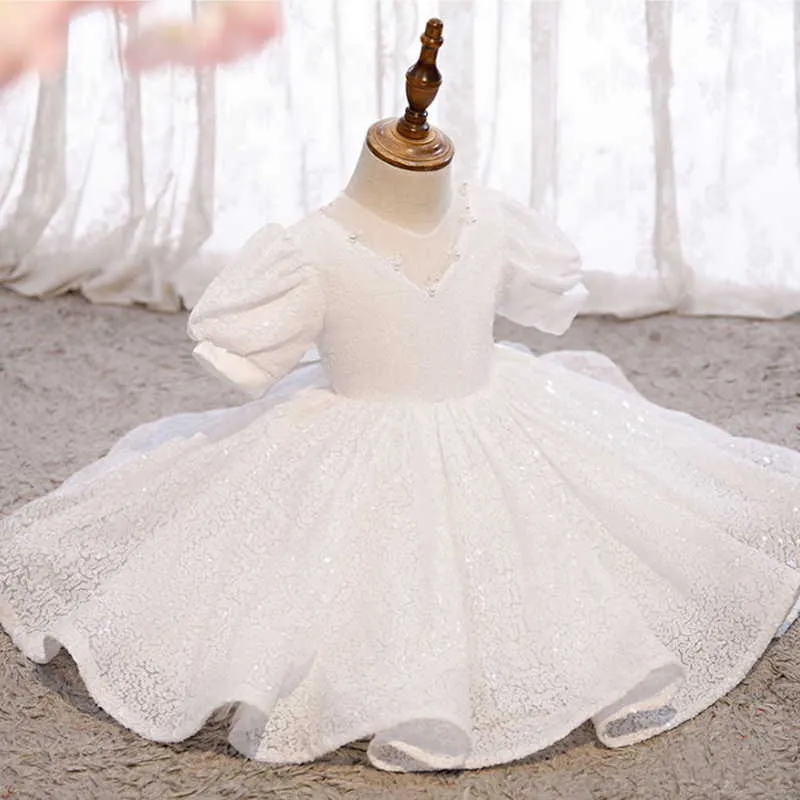 Summer Teenagers Girl Party Dresses White Sequined V-neck Princess Dress Wedding Piano Perform Formal Clothes E0142 210610