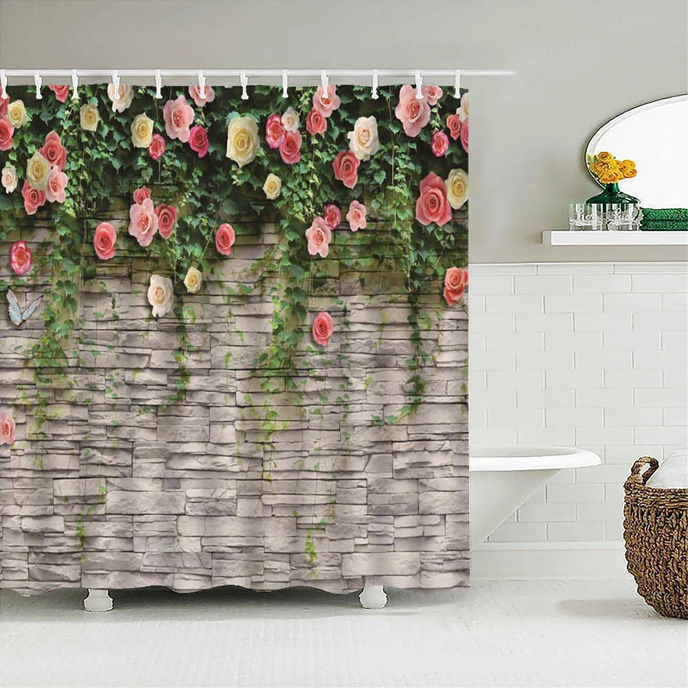 Wasserdichte Blumen Gras Pflanze Rock Wand Duschvorhang für Badezimmer Bad lang 180 * 200 cm 3D 210915