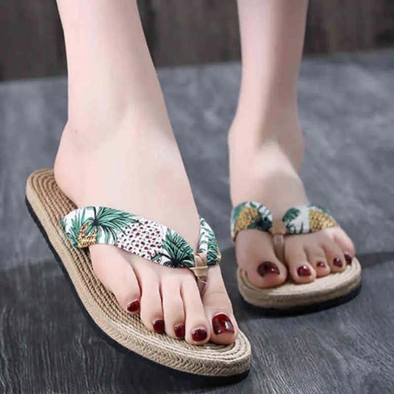 Women Shoes Summer Floral Flip Flops Beach Sandals Thongs Slippers sandals Imitation hemp rope travel flip-flops flat-bottom Y220221