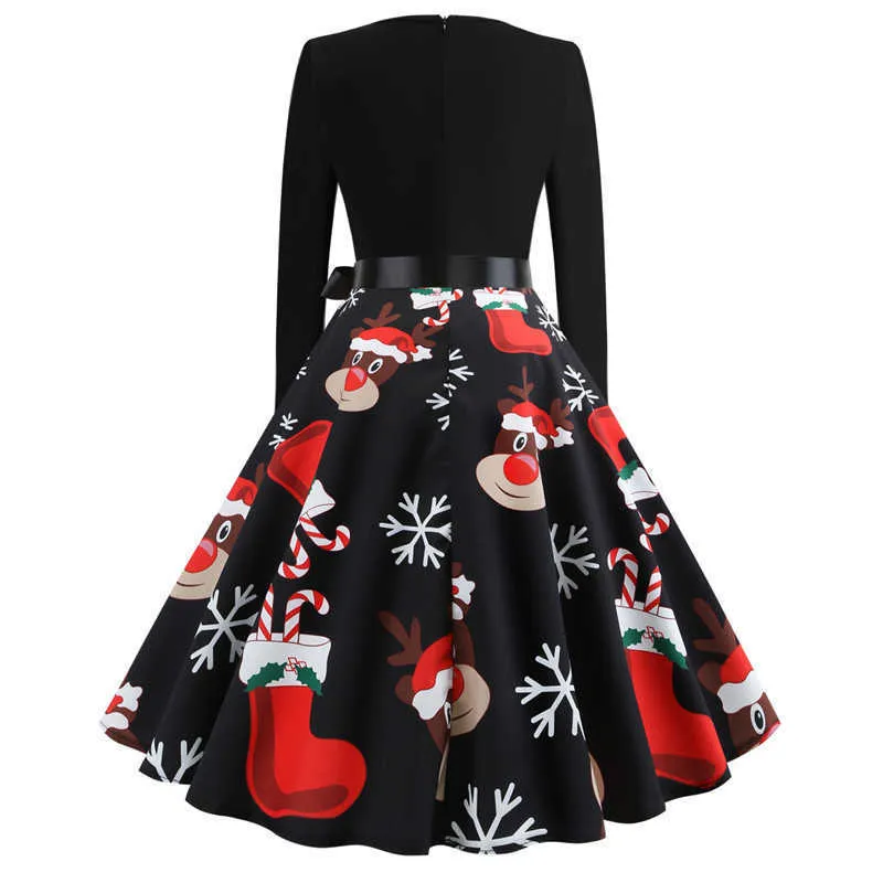 Winter Weihnachtskleider Frauen 50er 60er Jahre Vintage Robe Swing Pinup Elegantes Partykleid Langarm Casual Plus Size Print Schwarz 210915