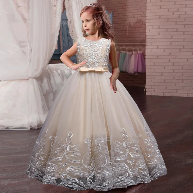 Kwiat Girl Sukienki na wesela Pagewne Suknie Dzieci Prom Dress Up Pierwszej Komunii Sukienki Koronki Perły Berbeniowe Szaty De Fête