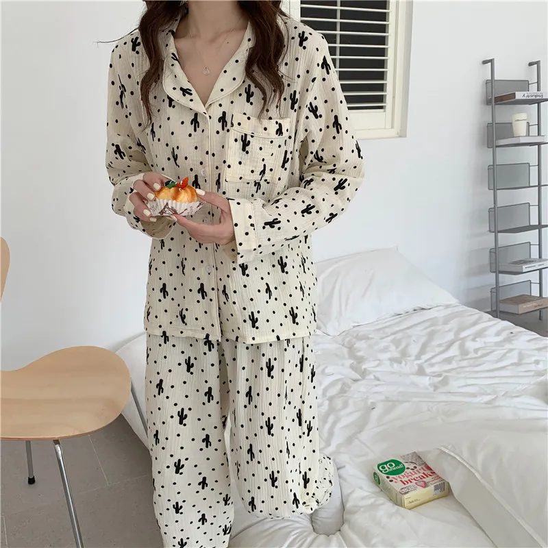 Mjuk All Match Högkvalitativa Dots Nightwear Loose Summer Sweet Homewear Chic Casual Bomull Fashion Pyjamas Sets 210525