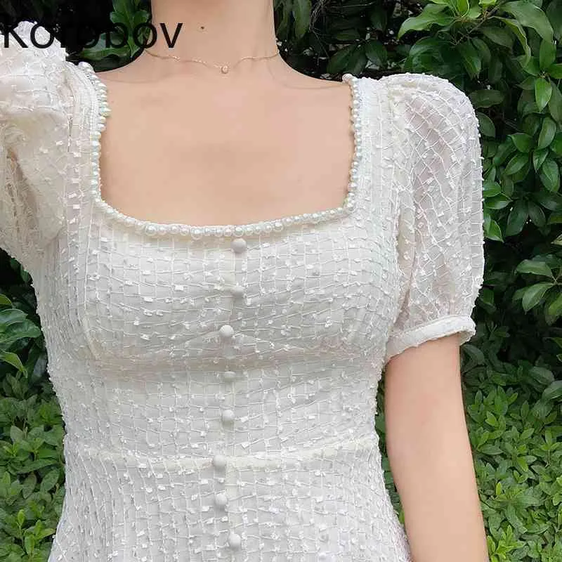 Korobov Square Collar Open Collarbone White Dress High Wasit Hip A Line Sexy Vestido Small Fragrance Slim Ropa Summer New 210430