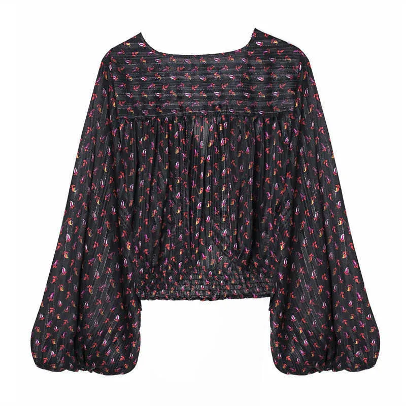 Za Knot Print Crop Blouse Kvinnor Long Puff Sleeve V Nacke Smock Top Female Fashion Vintage Short Loose Shirt 210602