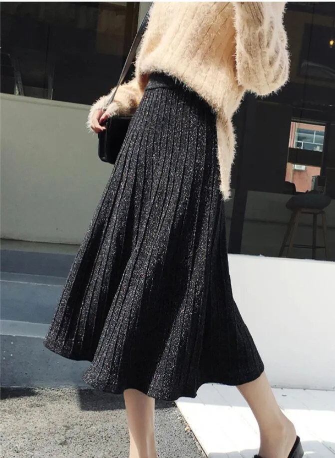 Qooth outono inverno longa saia de malha saia mulheres coreano moda prata lurex brilhando cintura alta saias plissadas midi lenth qh2065 210518