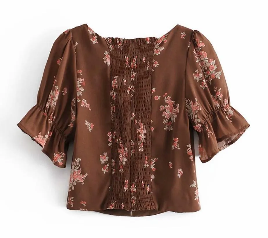 Vintage Frankrijk Back Elastic Ruched Coffee Floral Print Shirt Boog Crop Tops Vrouwen Chiffon Short Puff Sleeve Blouse 210429