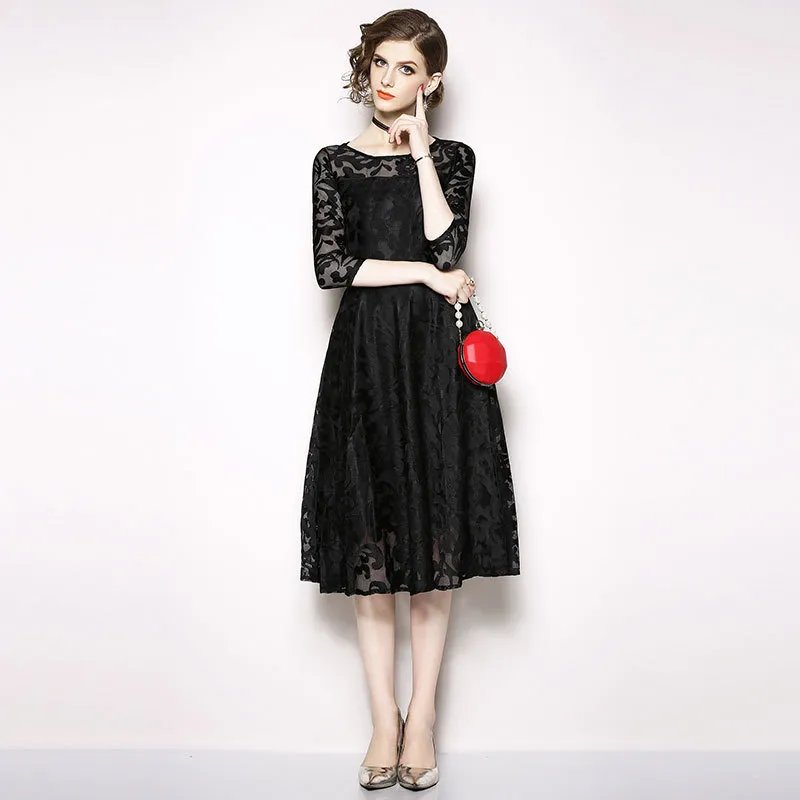 Borisovich Kobiety swobodna koronkowa sukienka Nowa jesień mody Big huśtawka eleganckie damskie sukienki Plus size N140 210412