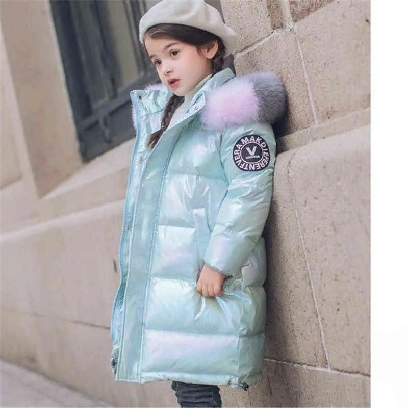 Зима блестящая куртка для девочек с капюшоном теплые детские пальто 5-14 лет дети-подростки Хлопок Parkas верхняя одежда 211203