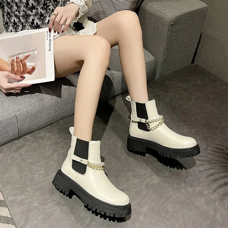 Bottes courtes à talons moyens pour femmes, bottes simples à tête ronde avec perles et épais, à la mode, automne 2021