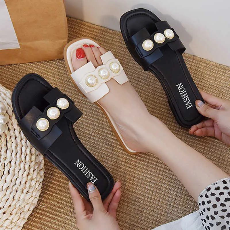 Zapatillas de mujer, zapatos planos elegantes con diseño de perlas a la moda, chanclas informales de tacón bajo Beige 2021 para mujer, versión coreana Y0406