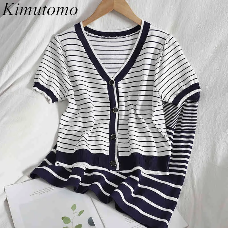 Kimutomo Spring Knent Suit Korean Fashion V-Neck Krótki Rękaw Sertigan + Kontrast Stripe Elastyczne Talii Spódnica Dwuczęściowy zestaw 210521