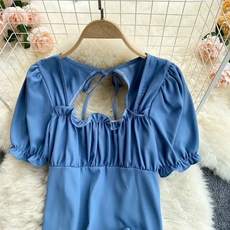 Kimutomo Sweet Lady Suit Fashion Hollow Out Puff Sleeve Short Slim Shirt + Hög Elastisk Midja Solid Brett Benbyxor 210521