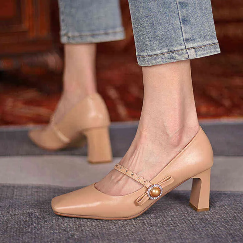 Klänning skor mary janes-zapatos de tacón alto para mujer calzado de vestir con perlas de cristal oficina punta cuadrada con remaches barco 9015n 220309