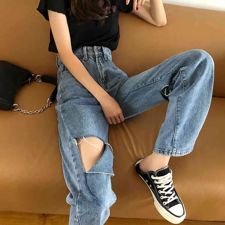 i S-XL estate stile coreano pantaloni larghi in denim da donna a vita alta jeans dritti con buco grande donna 78368 210423