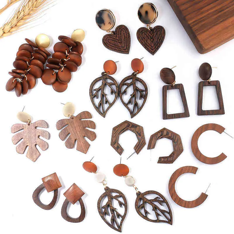AENSOA 2020 Vinatge Mehrere Koreanische Handgemachte Holz Tropfen Ohrringe Ethnische Geometrische Lange Anhänger Aussage Ohrringe Schmuck Geschenk G220312