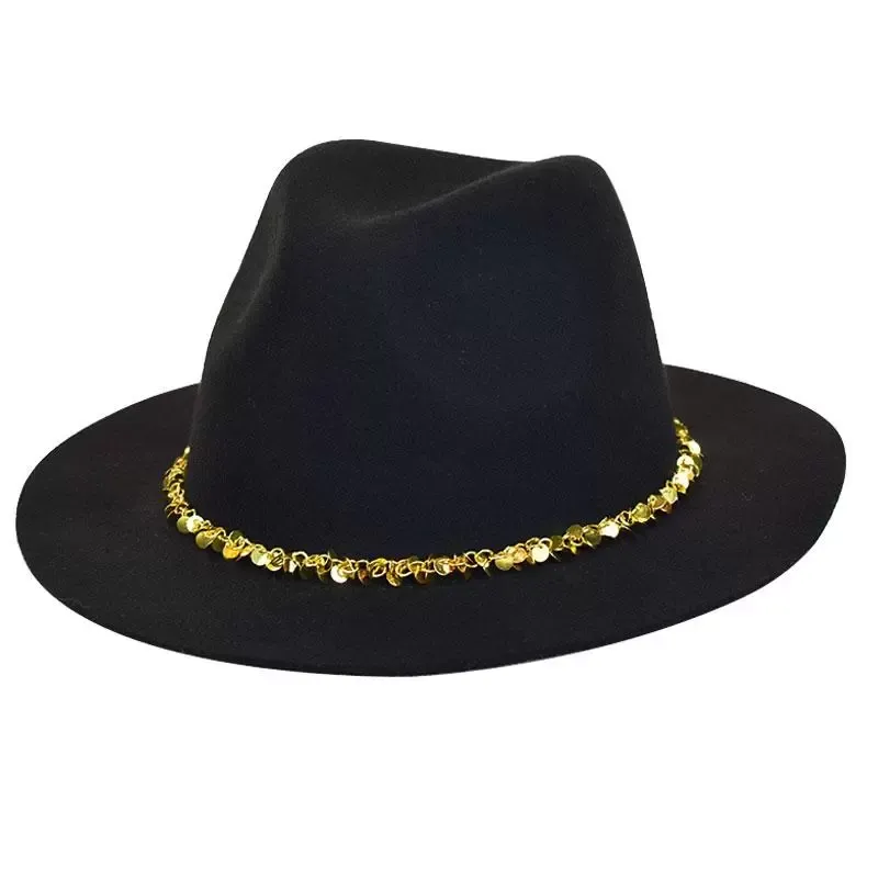 Широкие шляпы Breim Шерсть 100% Fedora для женщины золотые блестки пояса французский стиль Panama мода шляпа джазовый колпачок оптом