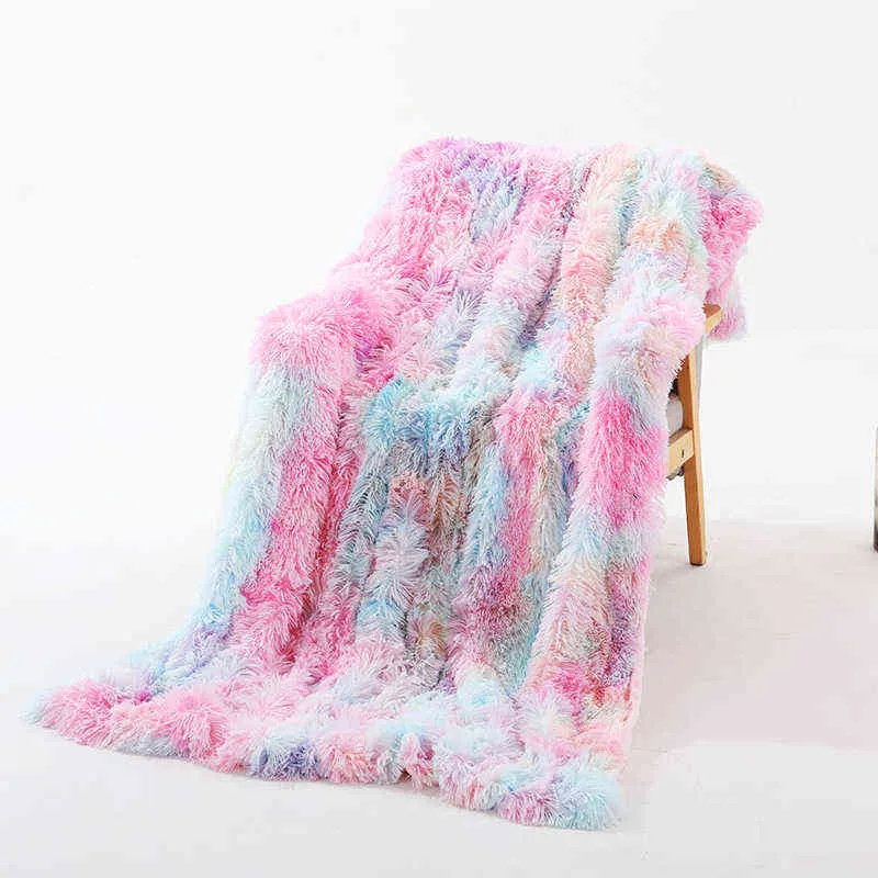 Couverture en peluche super douce Rainbow Coral Fleece Couvertures Housse de coussin colorée Furry Fuzzy Fur Warm Cozy Couch Blanket pour l'hiver 211122