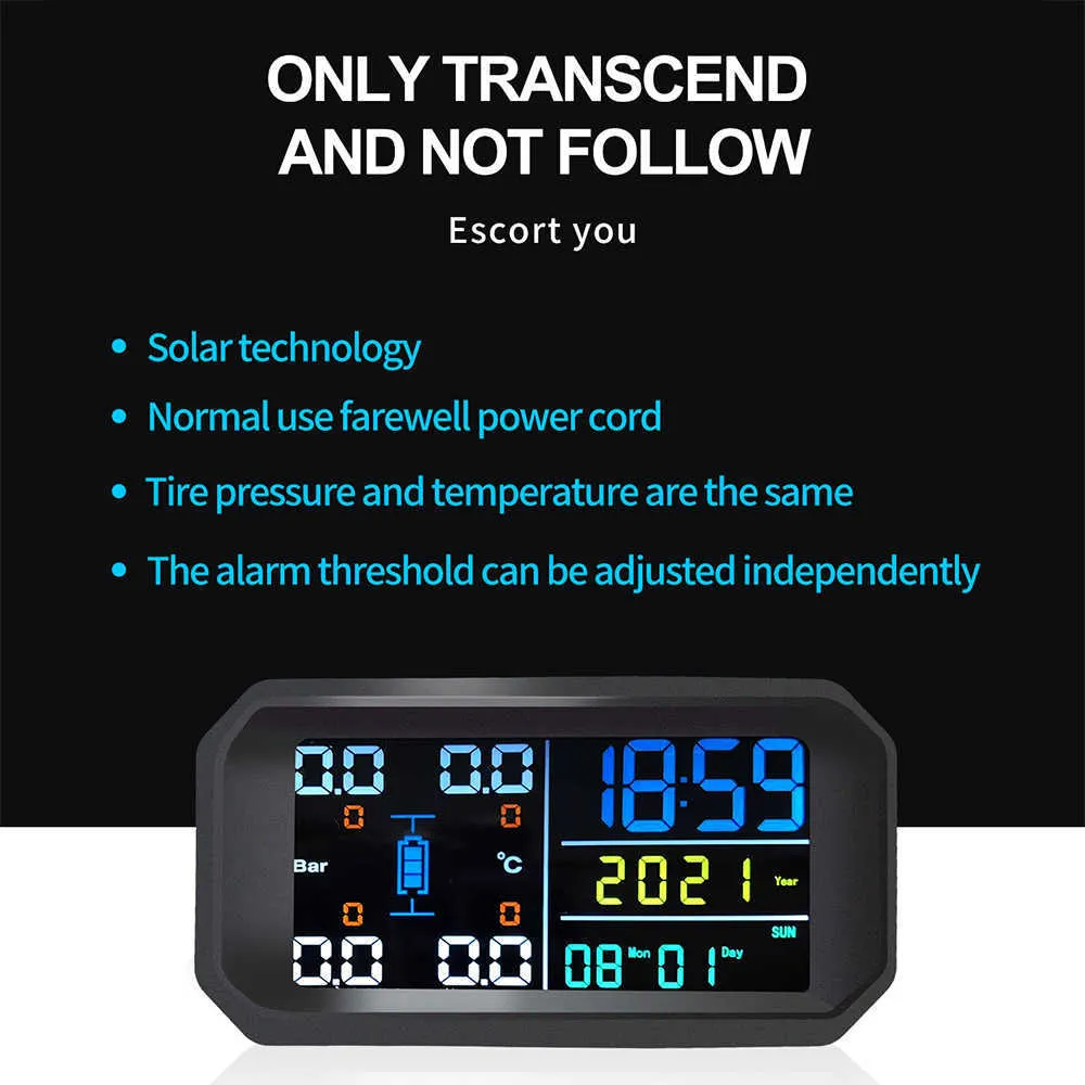 Däcktrycksövervakningssystem-Solar Laddning Automatisk bakgrundsbelysning Smart LCD-skärm Auto Sleep Mode Digital LCD-skärm med klockbil