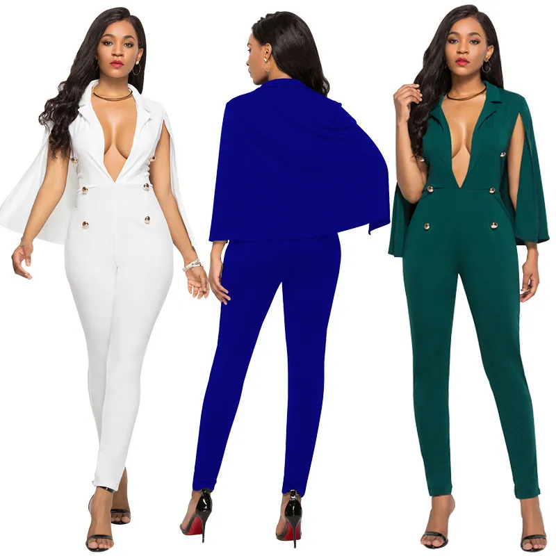 Kobiety Kombinezon Głęboki V Neck Sexy Podwójne Przyciski Cape Slim Elastyczne Bodycon Kobiet Kombinezony Solidne Blue Green White Plus Size Romper 210416