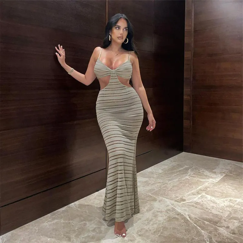 Women Strap Cut Out Backless Maxi Dresses Sexy See Through V Neck Club Party Robe Outfits Summer Beach Vacation Sundress 210517