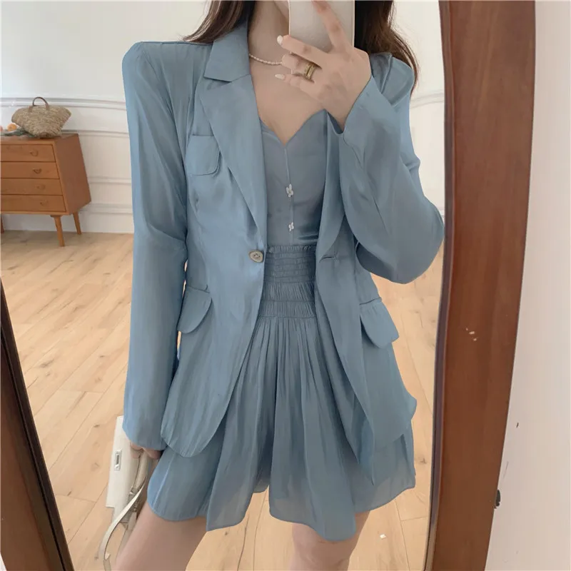 Vetement Femme Lato Cienki płaszcz + Camisole Spodenki Szorty Zestawy Blazer Kamizelka Mini Spódnica Garnitury Damskie Stroje Ensemble 210514