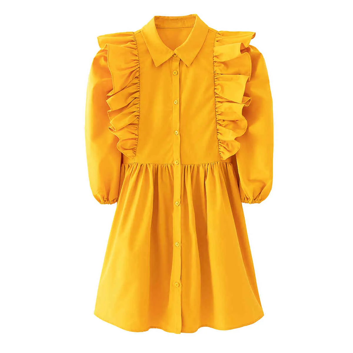 Chic Ruffle Halvkvinnor Sommar Solid Gul Beach Vintage Puff Sleeve Pocket Office Ladies Dress 210415