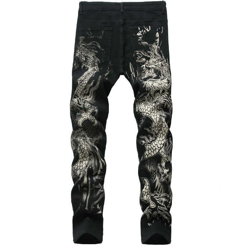 Homens Chinês Chinês Dragão Preto Skinny Jeans Estiramento Confortável Moda Hip-Hop Calças Streetwear Imprimir Calças 210716