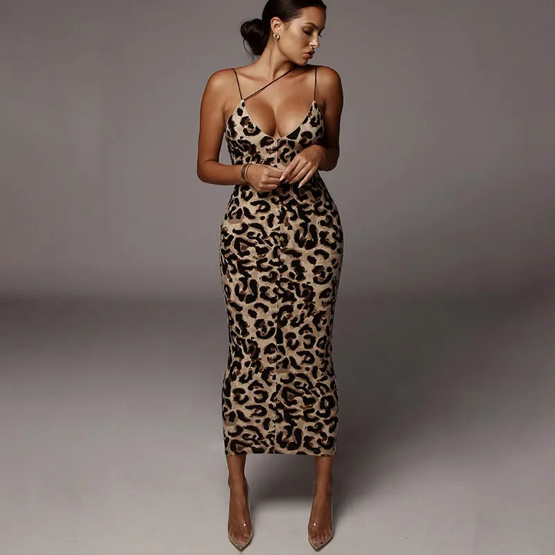 LeoPard Print Sexy Bodycon MIDI платье Женщины без рукавов спагетти ремешок V шеи летние леди мода уличная одежда клуб партии платья 210507